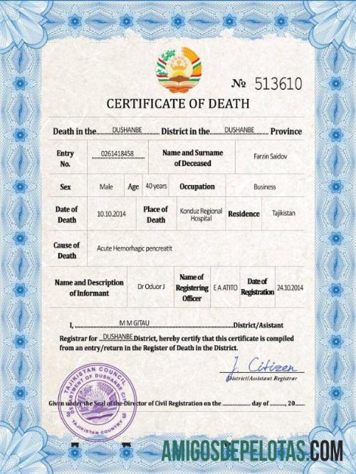 Em branco modelo PSD de certidão de óbito de registro vital do Tadjiquistão